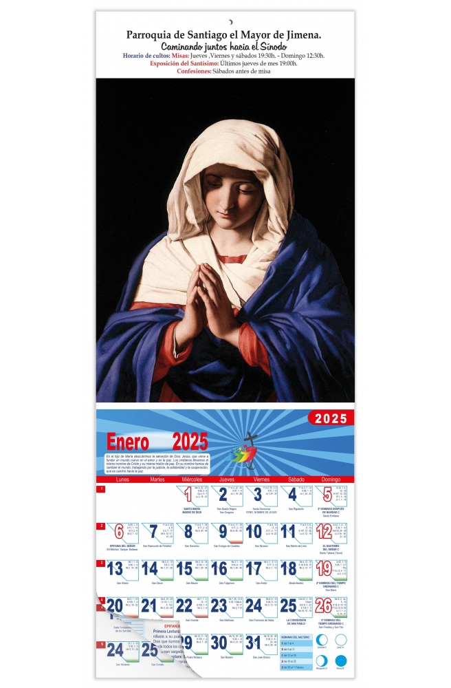 Calendario vertical de pared "La Oración de La Virgen" (Sassoferrato)