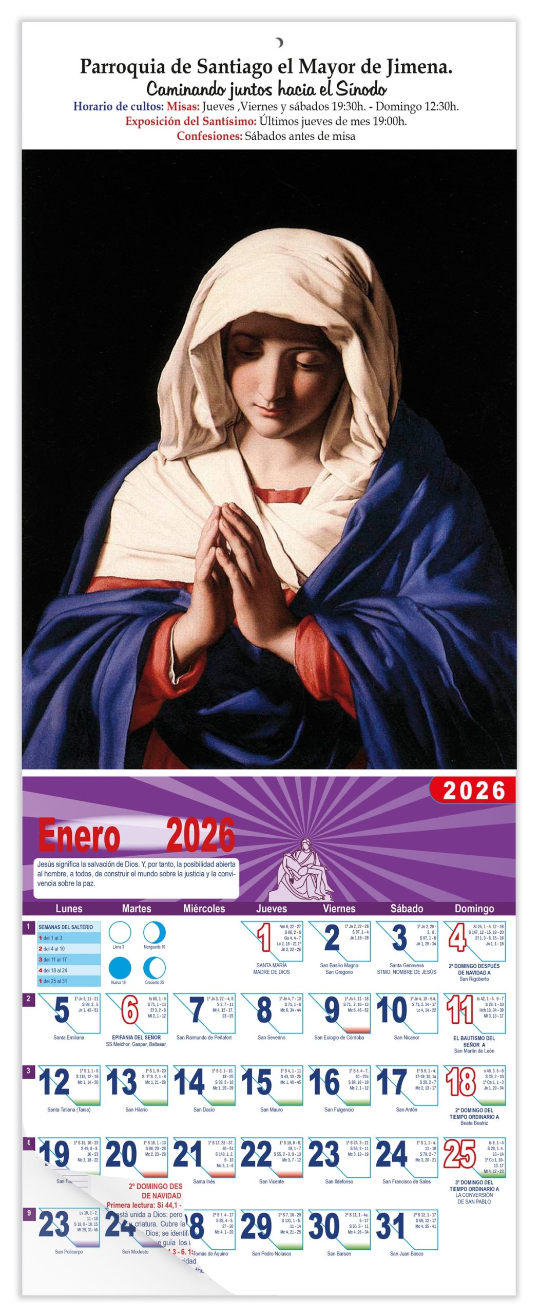 Calendario vertical de pared "La Oración de La Virgen" (Sassoferrato)