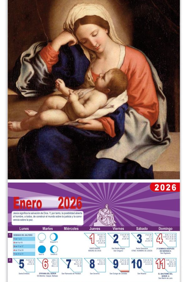 Calendario vertical de pared "Los Cuidados de La Virgen" (Sassoferrato)