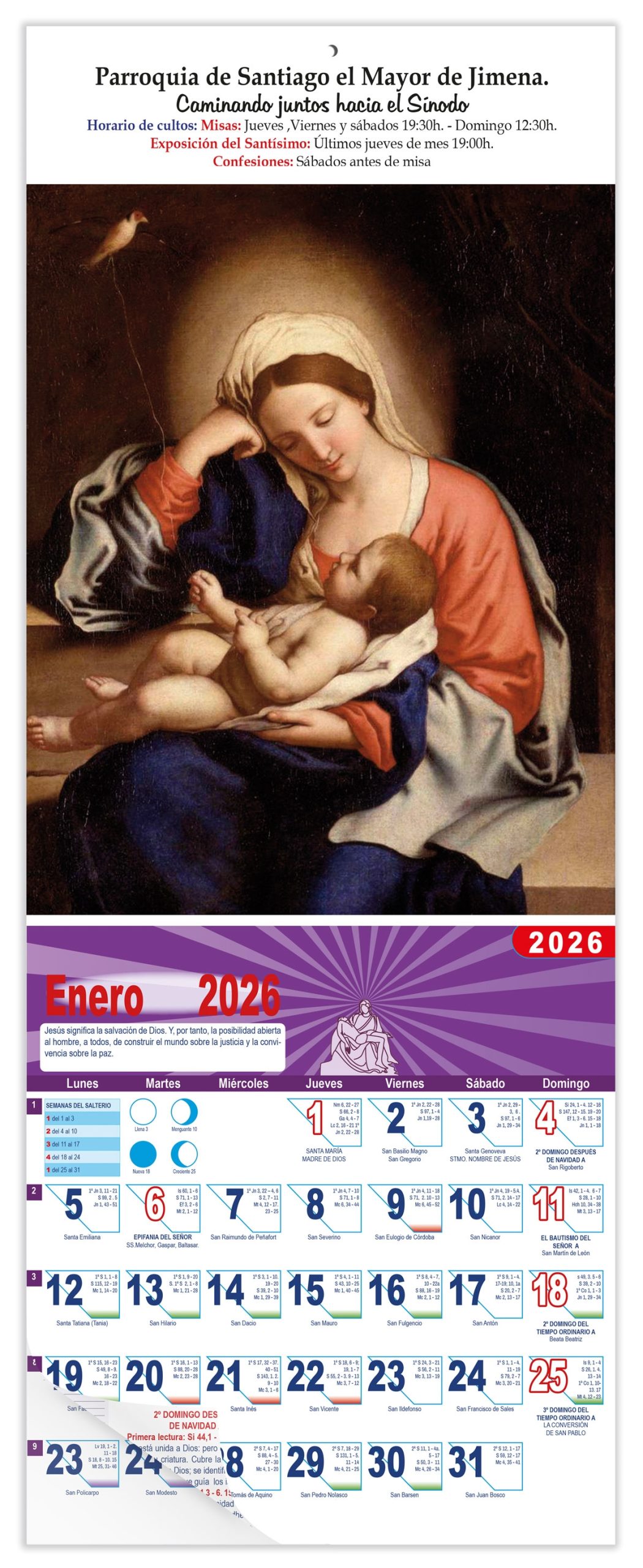 Calendario vertical de pared "Los Cuidados de La Virgen" (Sassoferrato)