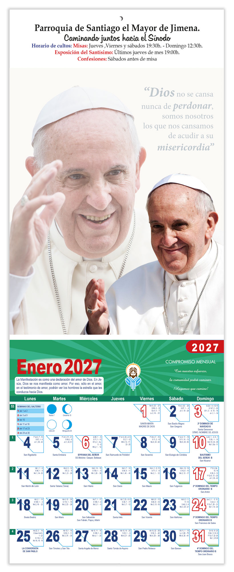 Calendario vertical de pared Papa Francisco "Dios no se cansa de perdonar..." DM22044