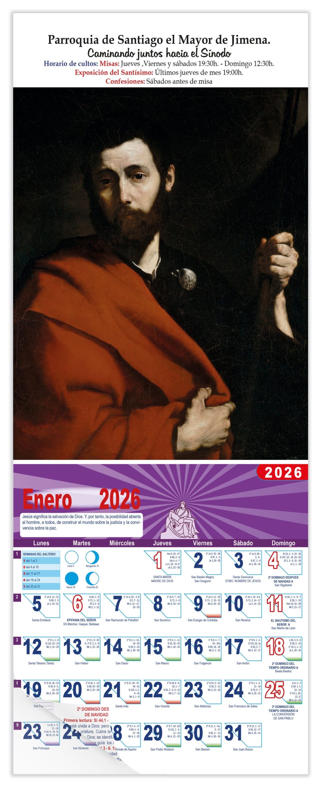 Calendario vertical de pared "Apostol Santiago" (José de Ribera)