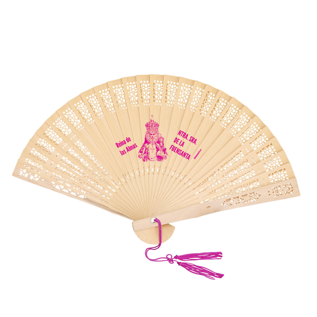 Abanico de Madera Natural "Virgen de la Fuensanta" con Colgante Rosa DM60114-F