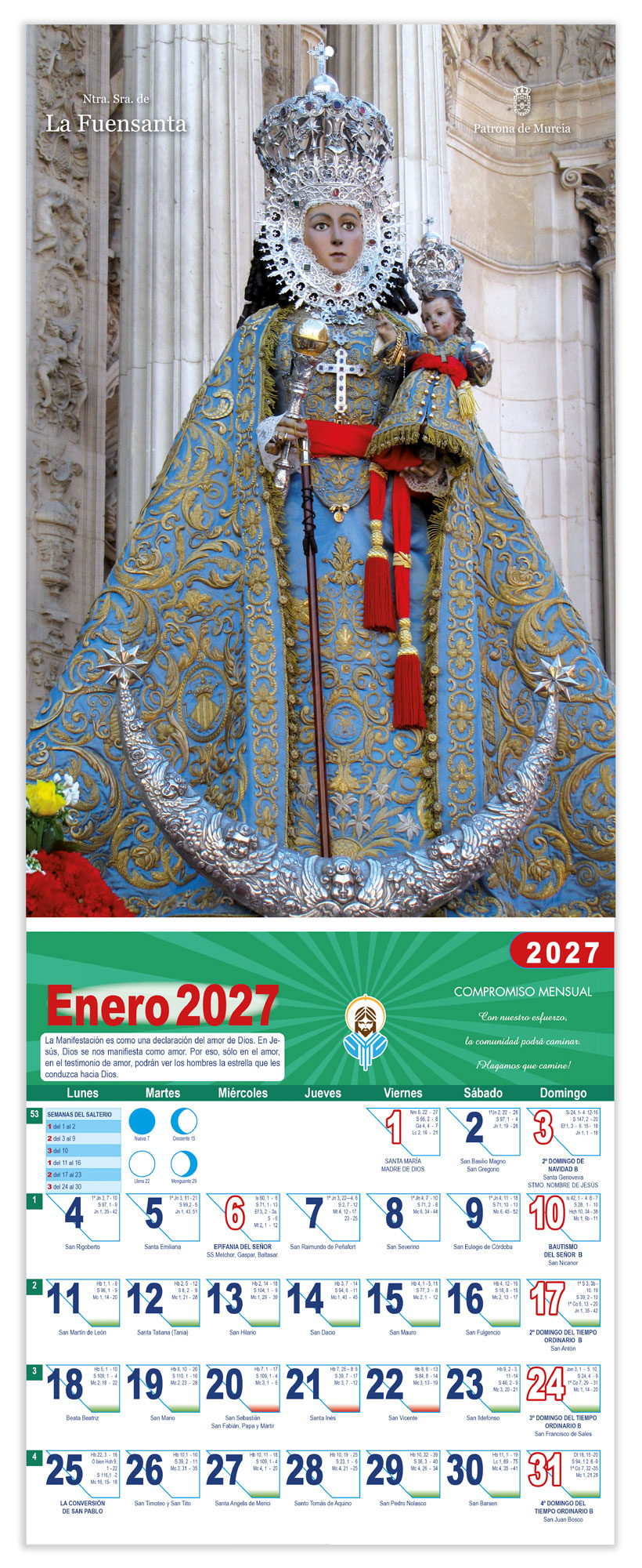 Calendario vertical de pared "Virgen de la Fuensanta" manto azul DM22016-A