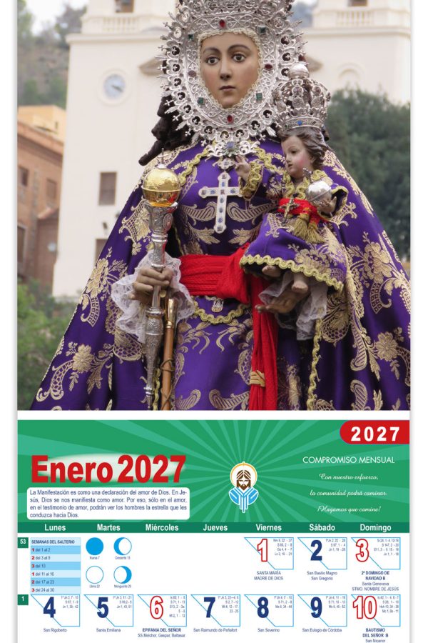 Calendario vertical de pared "Virgen de la Fuensanta" manto lila DM22016-L