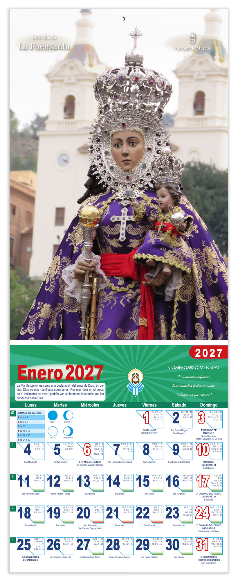 Calendario vertical de pared "Virgen de la Fuensanta" manto lila DM22016-L