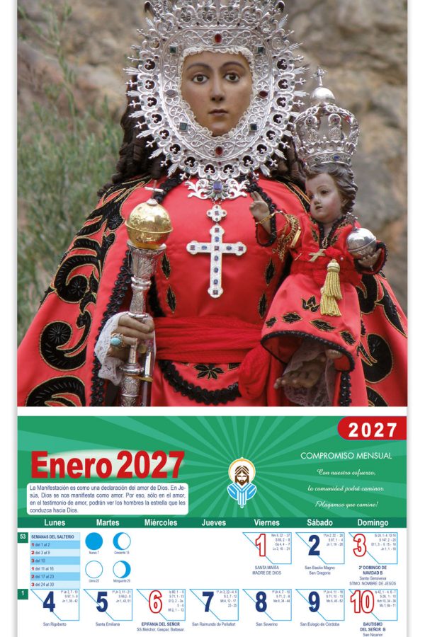 Calendario vertical de pared "Virgen de la Fuensanta" manto rojo DM22016-R