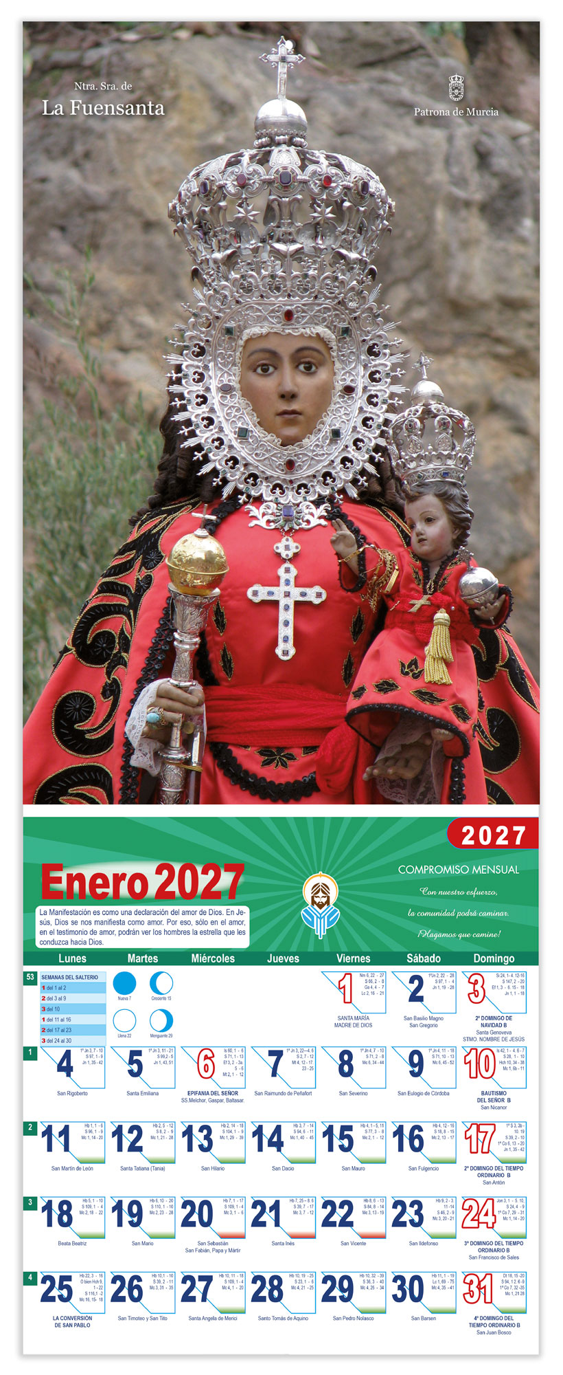 Calendario vertical de pared "Virgen de la Fuensanta" manto rojo DM22016-R